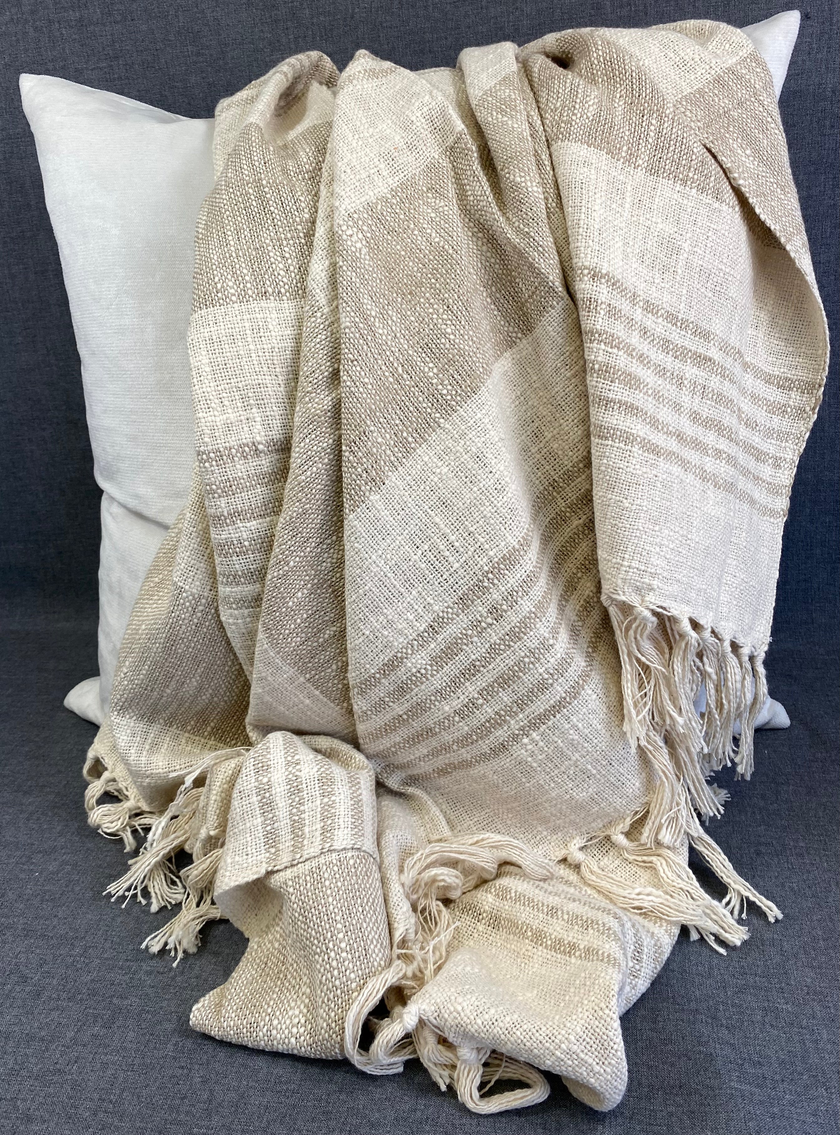 Striped Tassel Throw-Natural-50"X60"