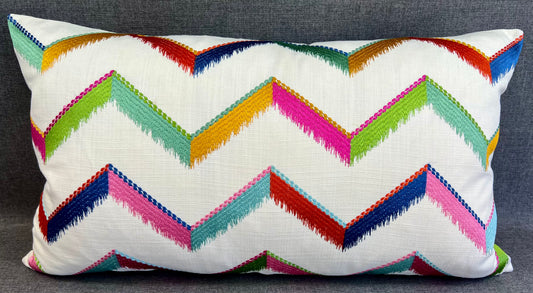 Luxury Lumbar Pillow - 24" x 14" - Chevron Confetti; Bright embroidered chevrons of pinks, greens blues, golds and oranges on a white linen textured background.