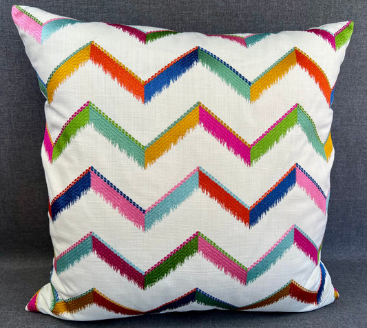 Luxury Pillow -  24" x 24" - Chevron Confetti; Bright embroidered chevrons of pinks, greens blues, golds and oranges on a white linen textured background