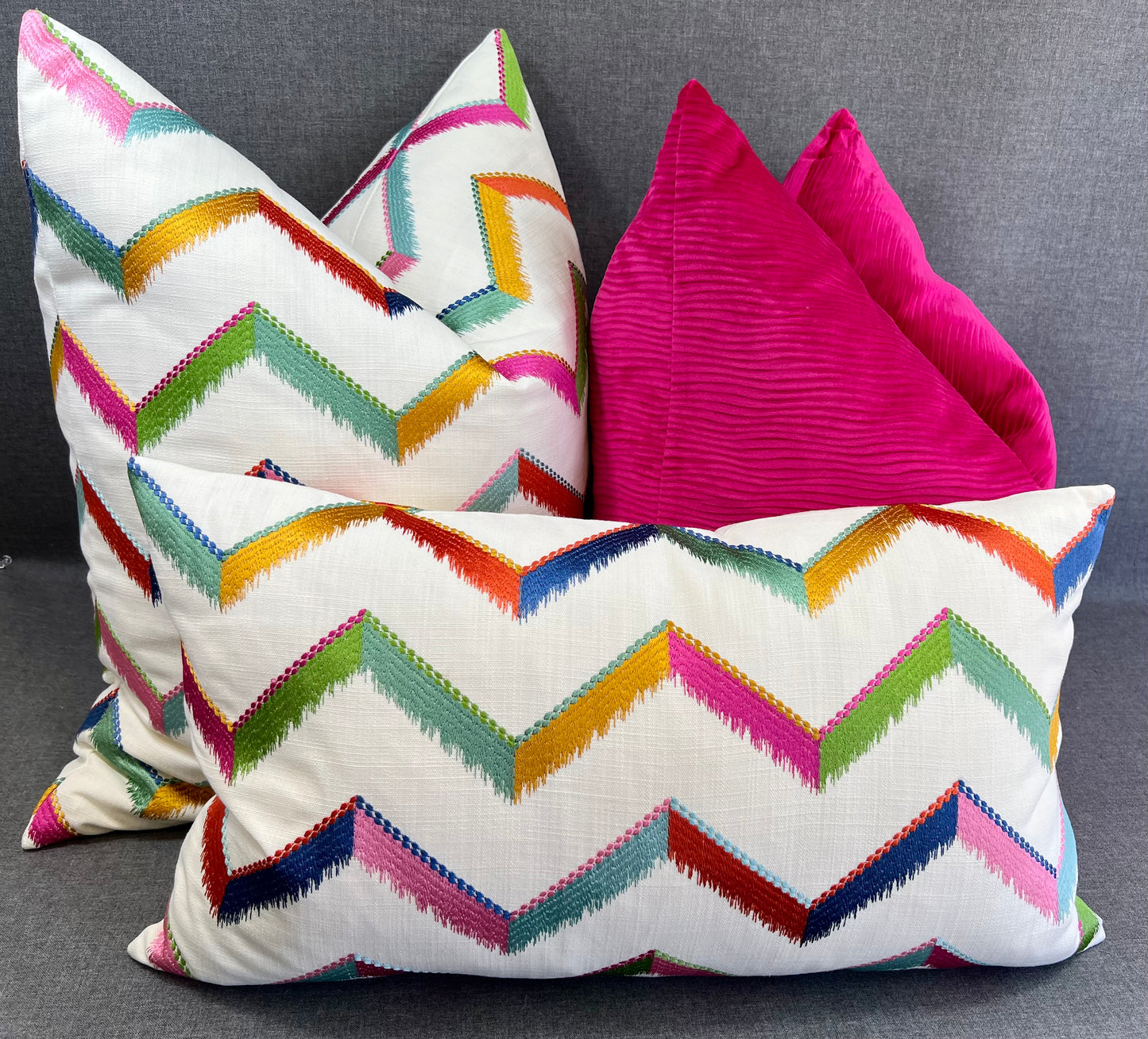 Luxury Lumbar Pillow - 24" x 14" - Chevron Confetti; Bright embroidered chevrons of pinks, greens blues, golds and oranges on a white linen textured background.