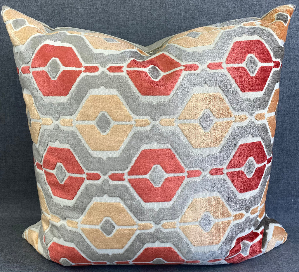 Luxury Pillow - 24" x 24" - Dellan Coral Satsuma And Ruby Hexagons On Steel Grey