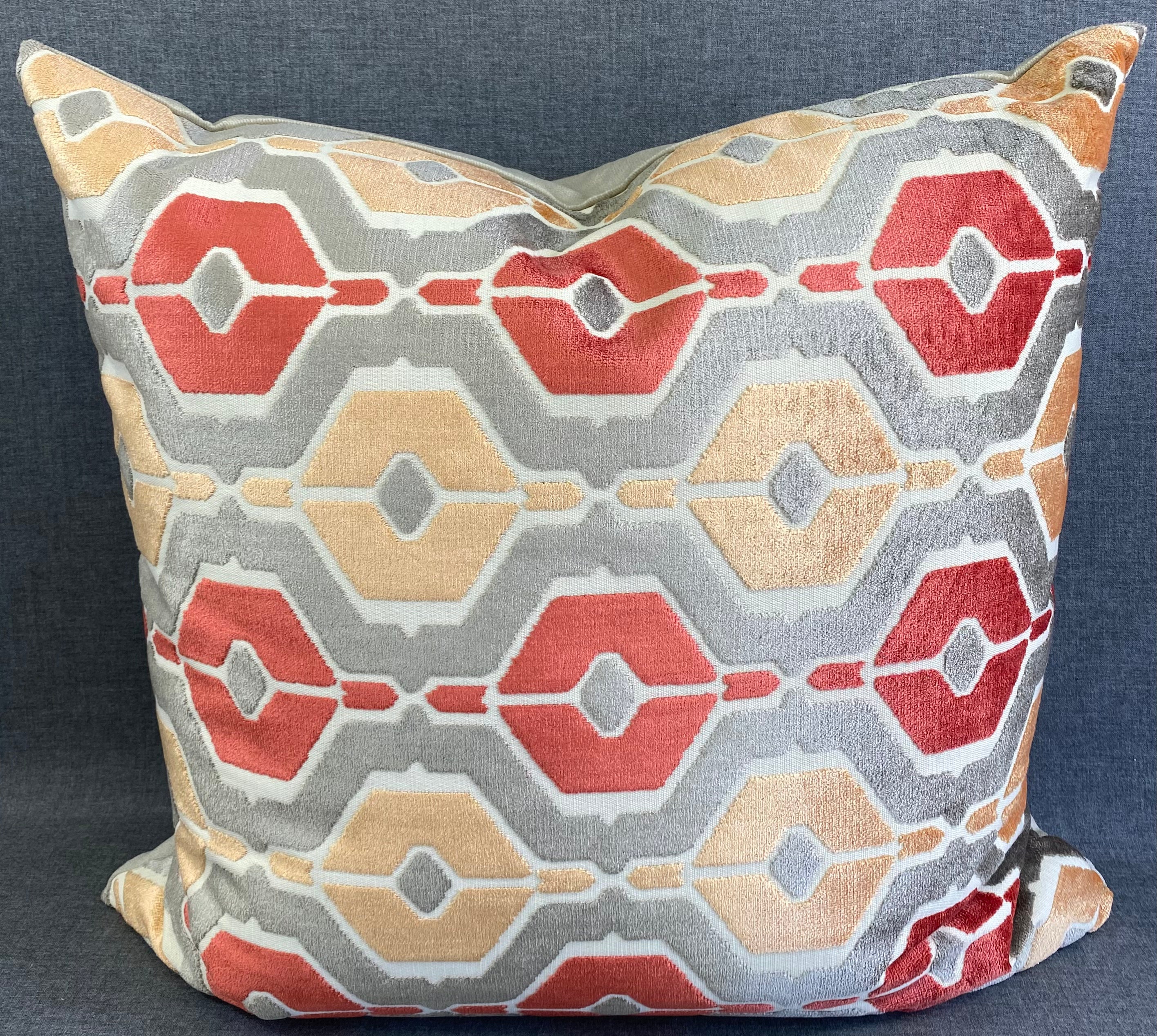 Luxury Pillow - 24" x 24" - Dellan Coral Satsuma And Ruby Hexagons On Steel Grey