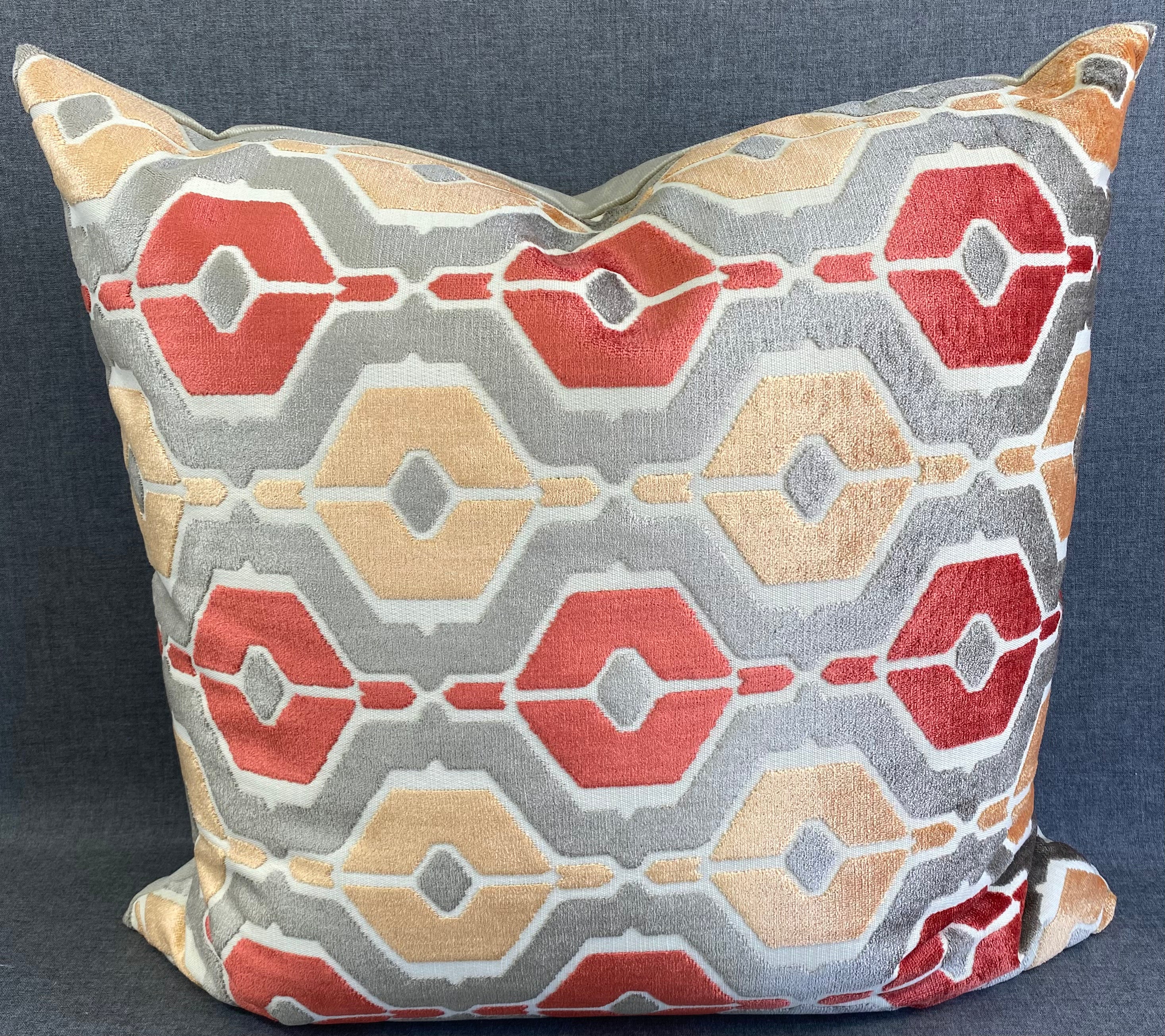 Luxury Pillow - 24" x 24" - Dellan Coral Satsuma And Ruby Hexagons On Steel Grey