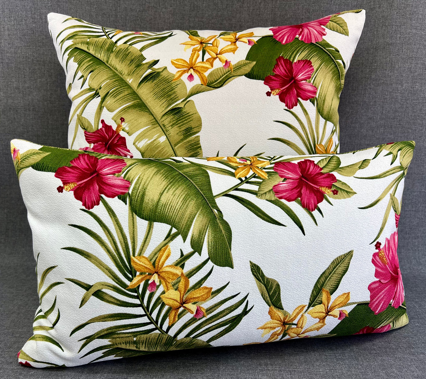 Luxury Pillow -  24" x 24" - Maui; Bright floral pattern with pink, gold and green on a clean white background