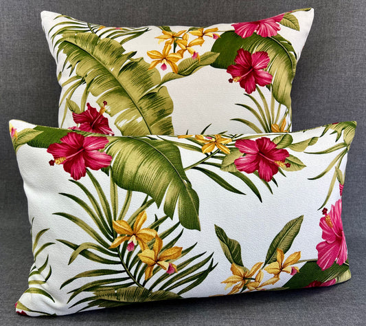 Luxury Lumbar Pillow -  24" x 14" - Maui; Bright floral pattern with pink, gold and green on a clean white background