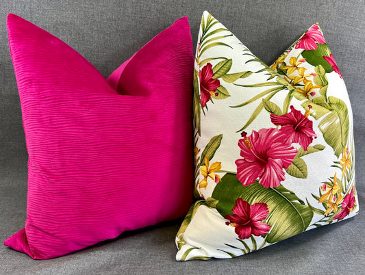 Luxury Pillow -  24" x 24" - Maui; Bright floral pattern with pink, gold and green on a clean white background