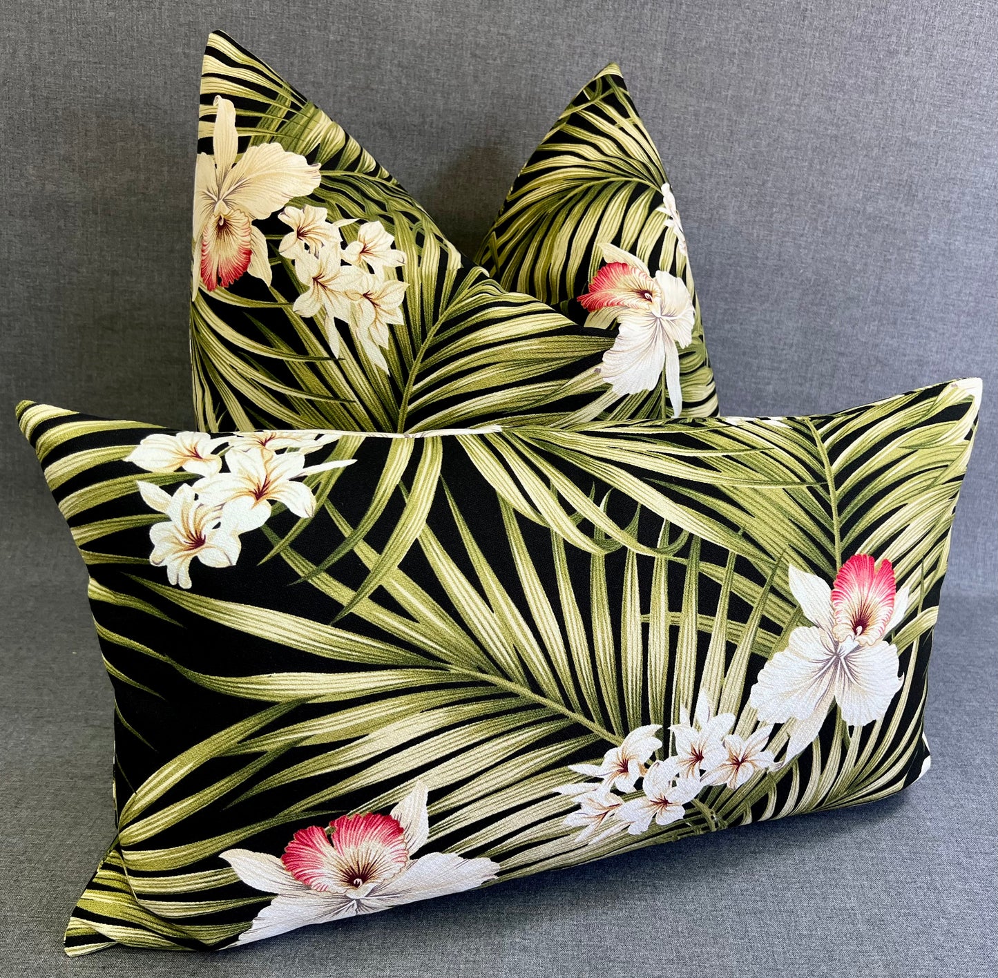 Luxury Lumbar Pillow -  24" x 14" - Kona; Bright floral pattern with pink, white and green on a black background