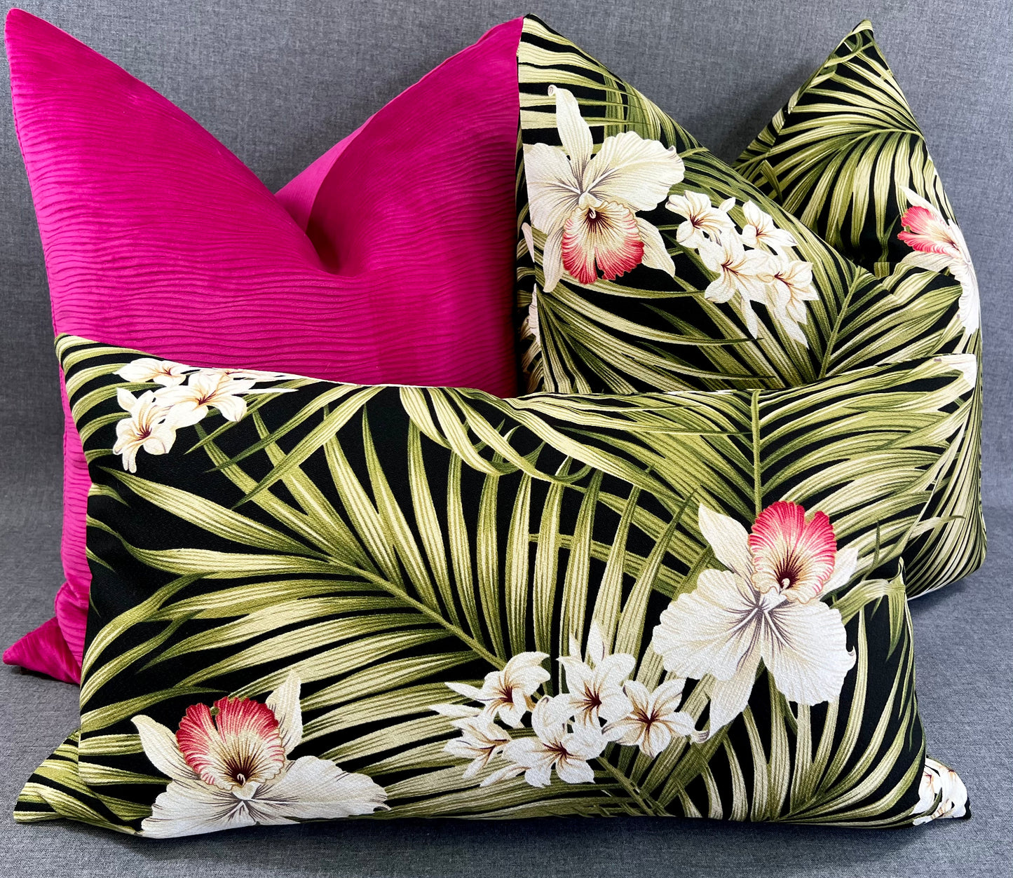 Luxury Pillow -  24" x 24" - Kona; Bright floral pattern with pink, white and green on a black background