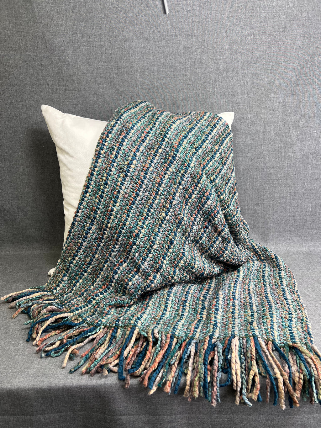 Luxury Knit Throw - 40" x 70" -  Stria Teal; Bulky knit throw in a lovely blue, teal, rust, multi color tone with a fringe
