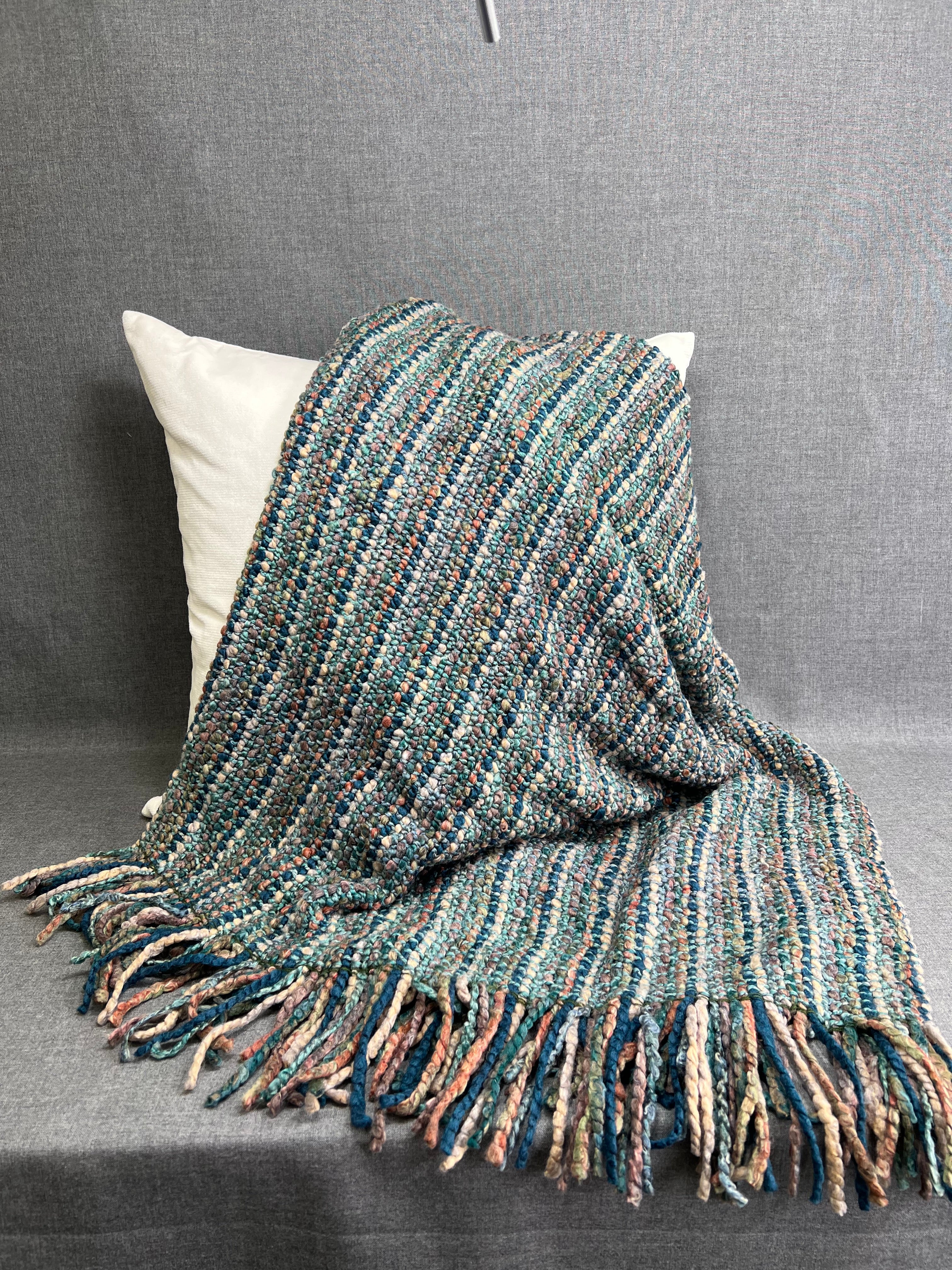 Luxury Knit Throw - 40" x 70" -  Stria Teal; Bulky knit throw in a lovely blue, teal, rust, multi color tone with a fringe