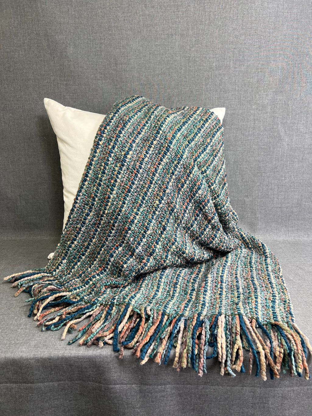 Luxury Knit Throw - 40" x 70" -  Stria Teal; Bulky knit throw in a lovely blue, teal, rust, multi color tone with a fringe