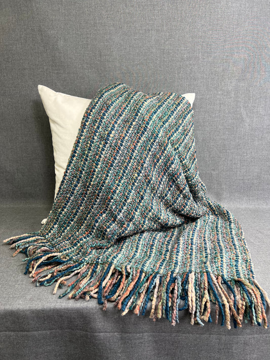 Luxury Knit Throw - 40" x 70" -  Stria Teal; Bulky knit throw in a lovely blue, teal, rust, multi color tone with a fringe