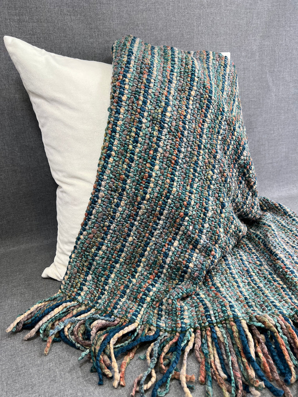 Luxury Knit Throw - 40" x 70" -  Stria Teal; Bulky knit throw in a lovely blue, teal, rust, multi color tone with a fringe