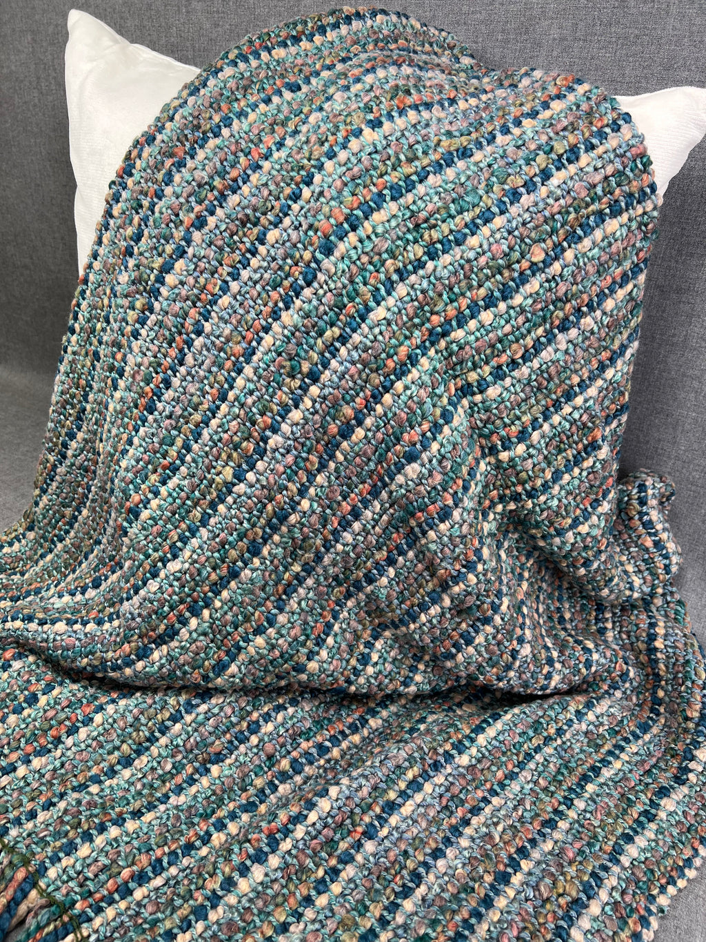 Luxury Knit Throw - 40" x 70" -  Stria Teal; Bulky knit throw in a lovely blue, teal, rust, multi color tone with a fringe