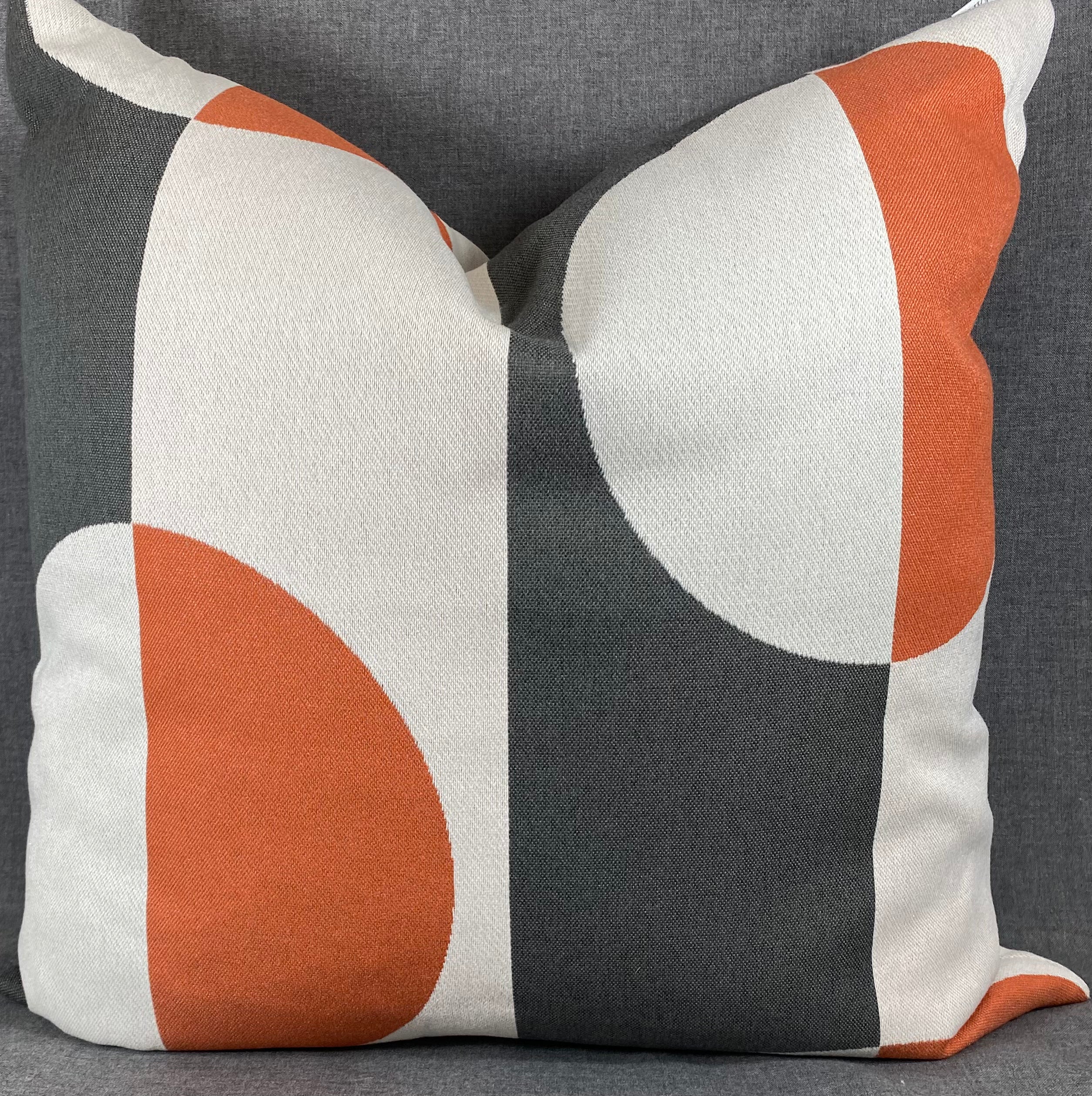 Luxury Pillow - 24" x 24" - Phases Mango Half Moons In Mango And Grey On A White And Grey Wide Stripe Base