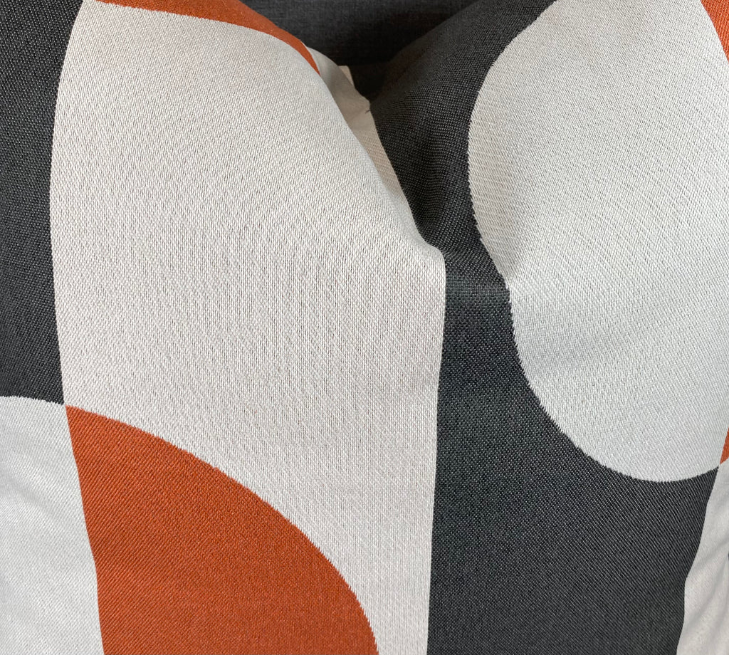 Luxury Pillow - 24" x 24" - Phases Mango Half Moons In Mango And Grey On A White And Grey Wide Stripe Base