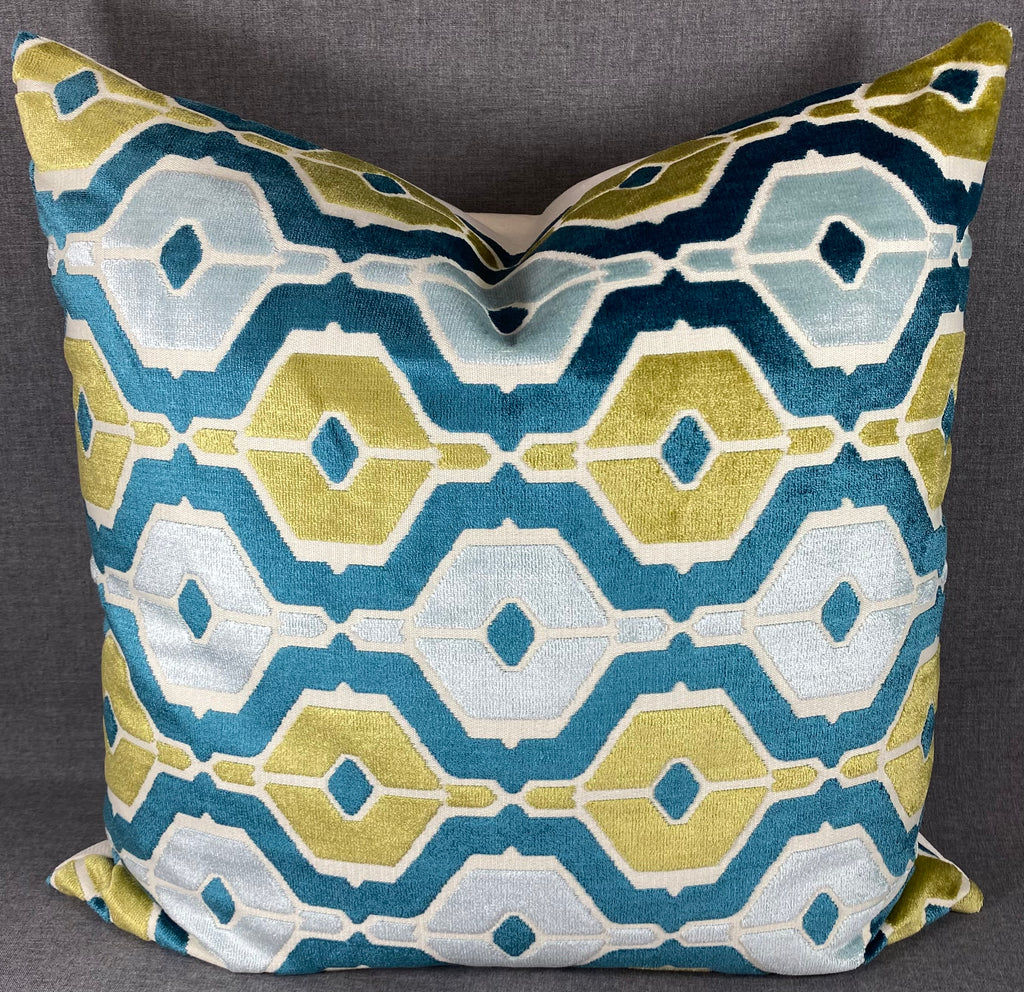 Luxury Pillow - 24" x 24" - Dellan Teal Geometrics In Teal And Green A Dark Teal Base