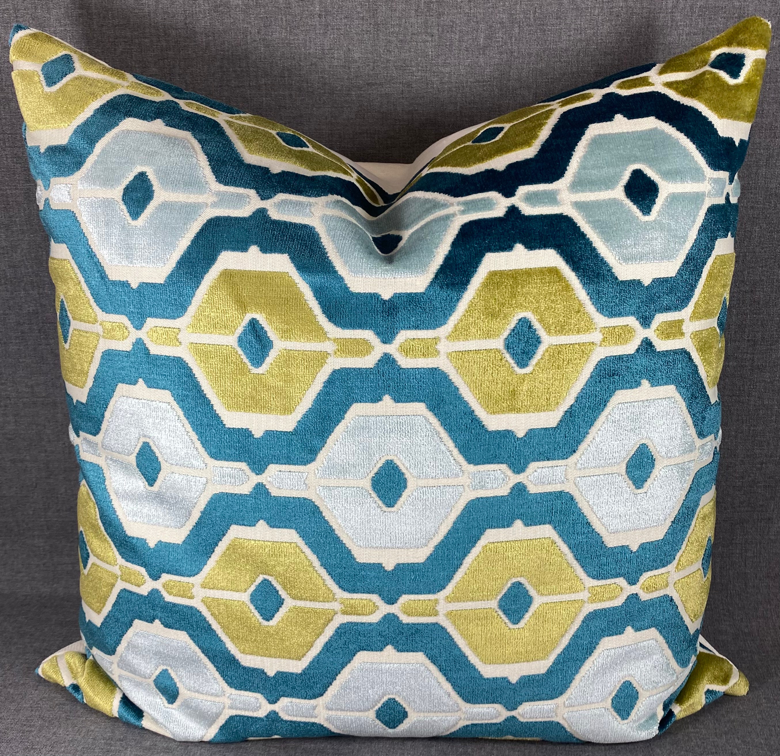 Luxury Pillow - 24" x 24" - Dellan Teal Geometrics In Teal And Green A Dark Teal Base