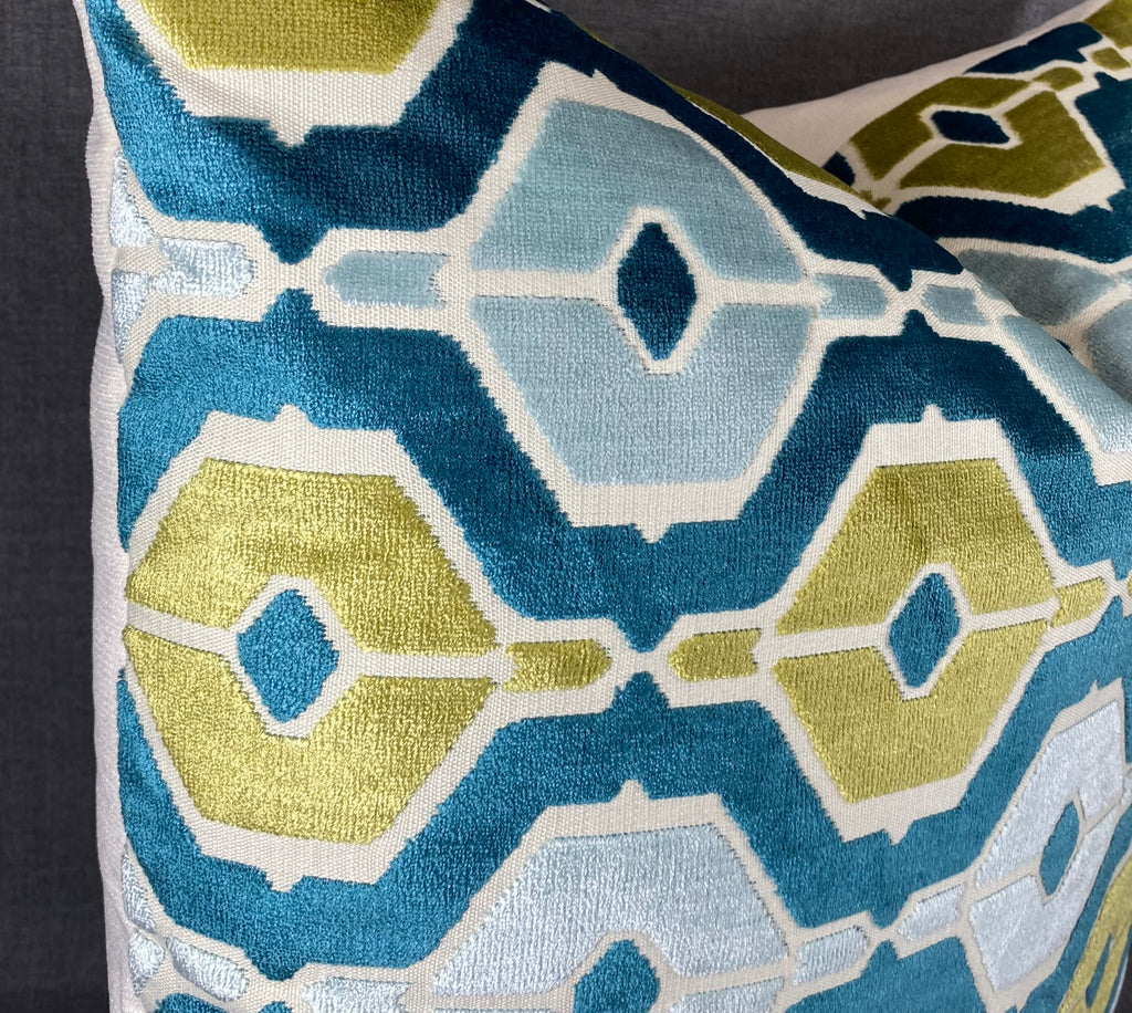 Luxury Pillow - 24" x 24" - Dellan Teal Geometrics In Teal And Green A Dark Teal Base