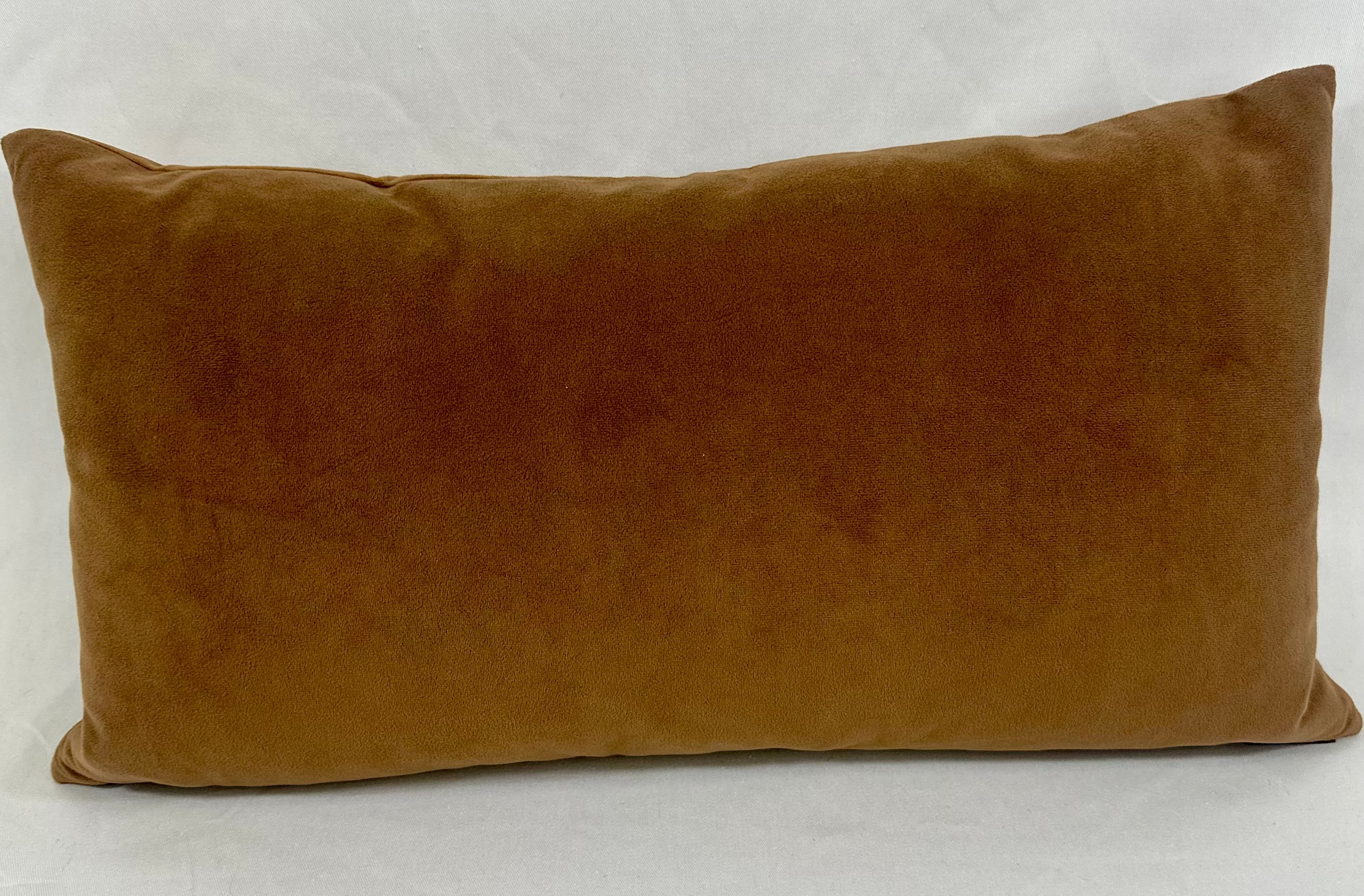 A rectangular lumbar throw pillow in a warm camel brown velvet fabric, photographed against a neutral white fabric backdrop.