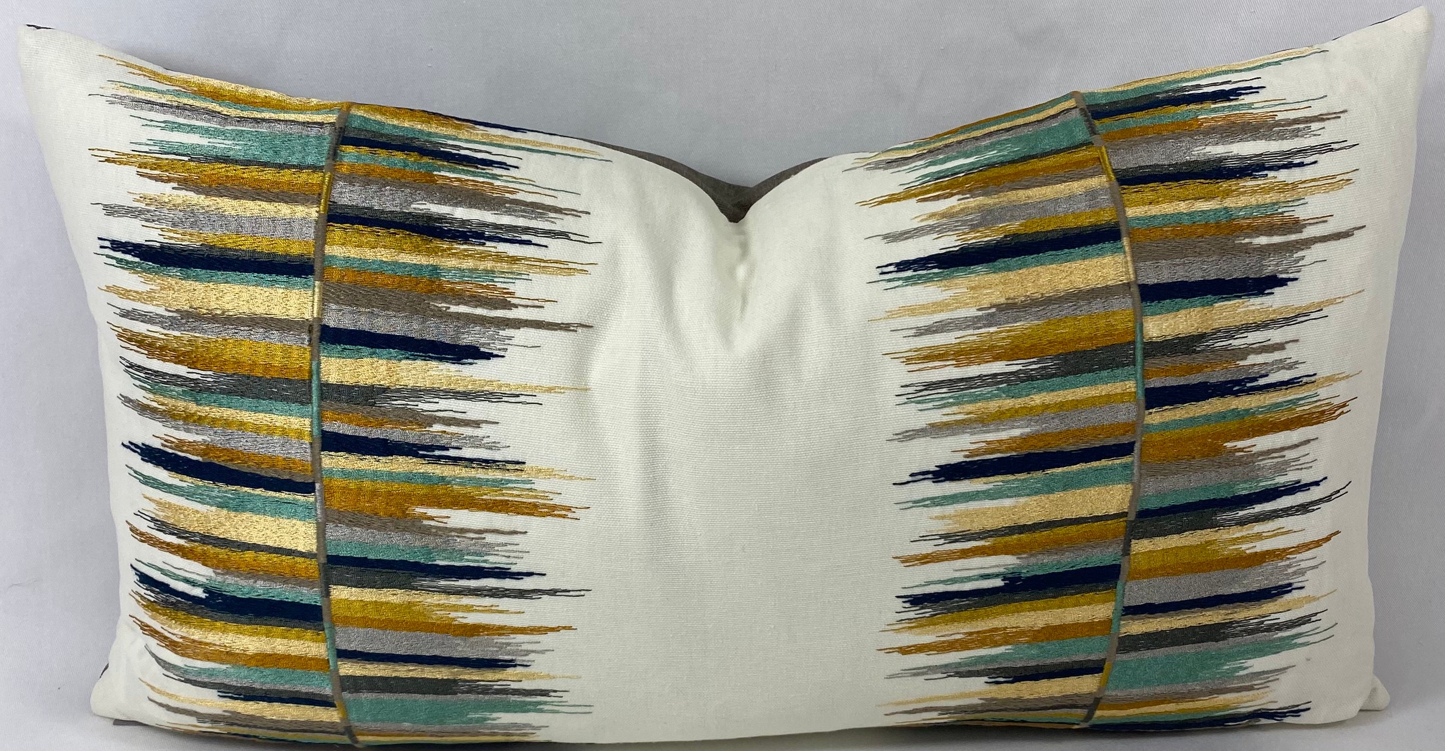 Luxury Lumbar Pillow - 24" x 14" - Fun Fair Lumbar Agate Embroidered Swipes Of Charcoal Black Mustard Ecru And Seafoam