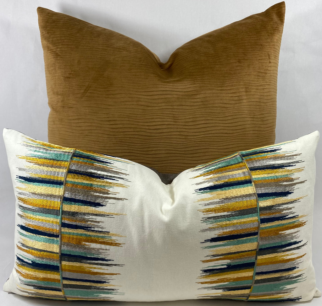 Luxury Lumbar Pillow - 24" x 14" - Fun Fair Lumbar Agate Embroidered Swipes Of Charcoal Black Mustard Ecru And Seafoam