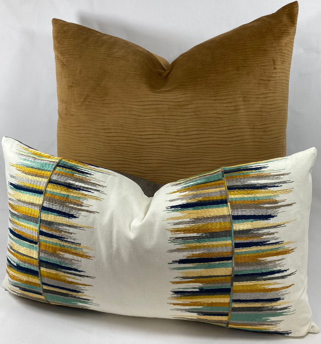 Luxury Lumbar Pillow - 24" x 14" - Fun Fair Lumbar Agate Embroidered Swipes Of Charcoal Black Mustard Ecru And Seafoam