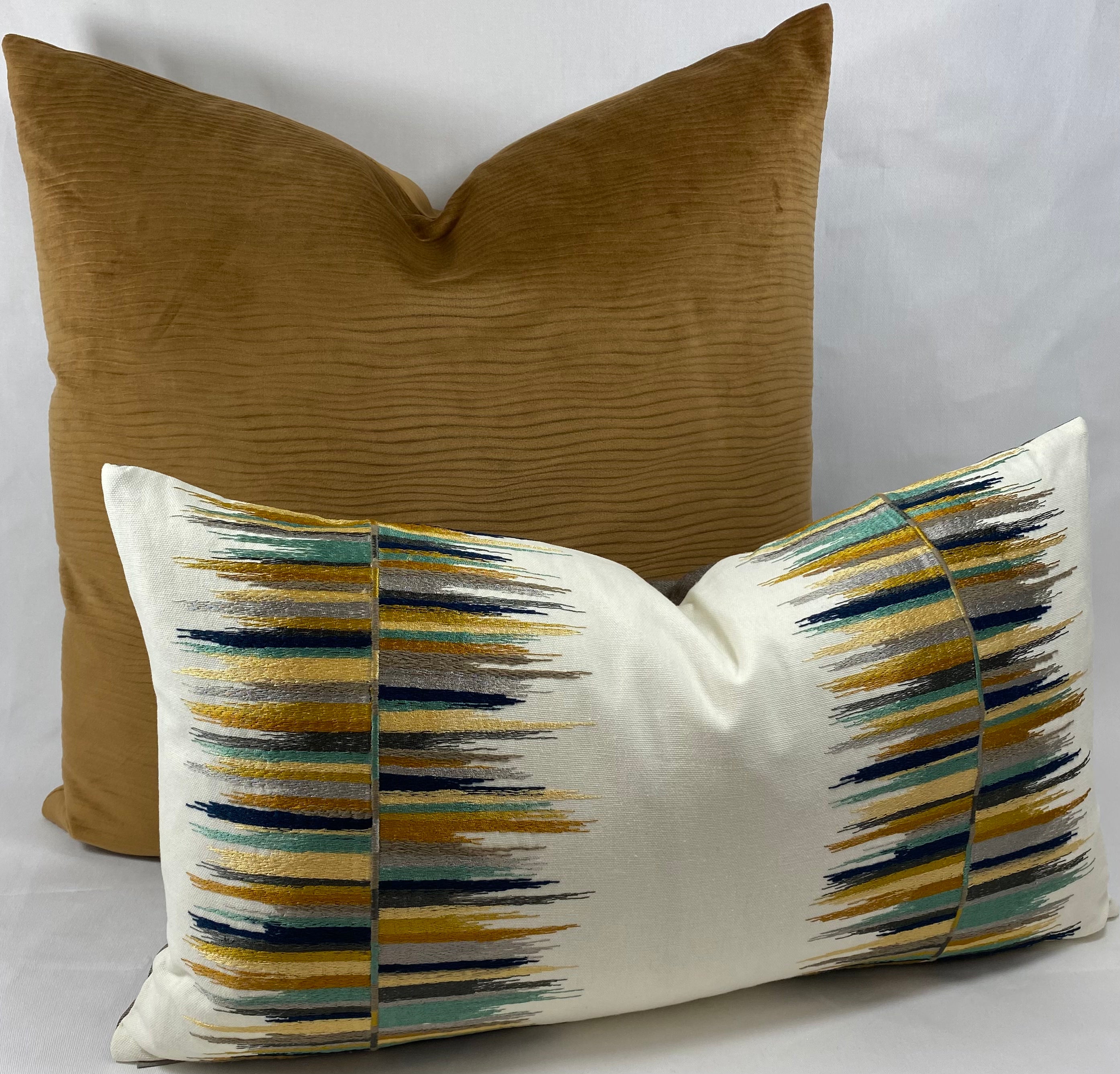 Luxury Lumbar Pillow - 24" x 14" - Fun Fair Lumbar Agate Embroidered Swipes Of Charcoal Black Mustard Ecru And Seafoam