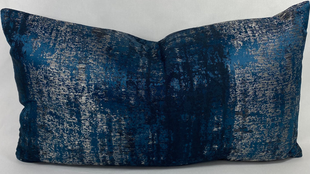 Luxury Lumbar Pillow - 24"x 14"- Aurora Midnight blue and silver scrubbed together for a weathered look.