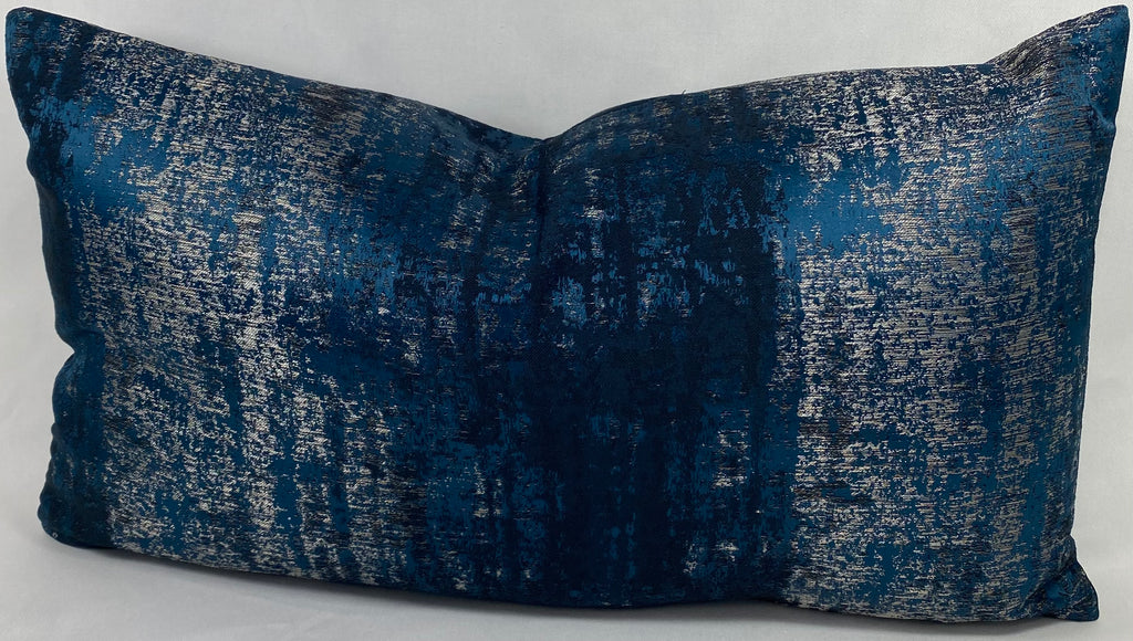 Luxury Lumbar Pillow - 24"x 14"- Aurora Midnight blue and silver scrubbed together for a weathered look.