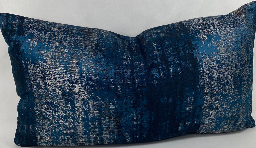 Luxury Lumbar Pillow - 24"x 14"- Aurora Midnight blue and silver scrubbed together for a weathered look.