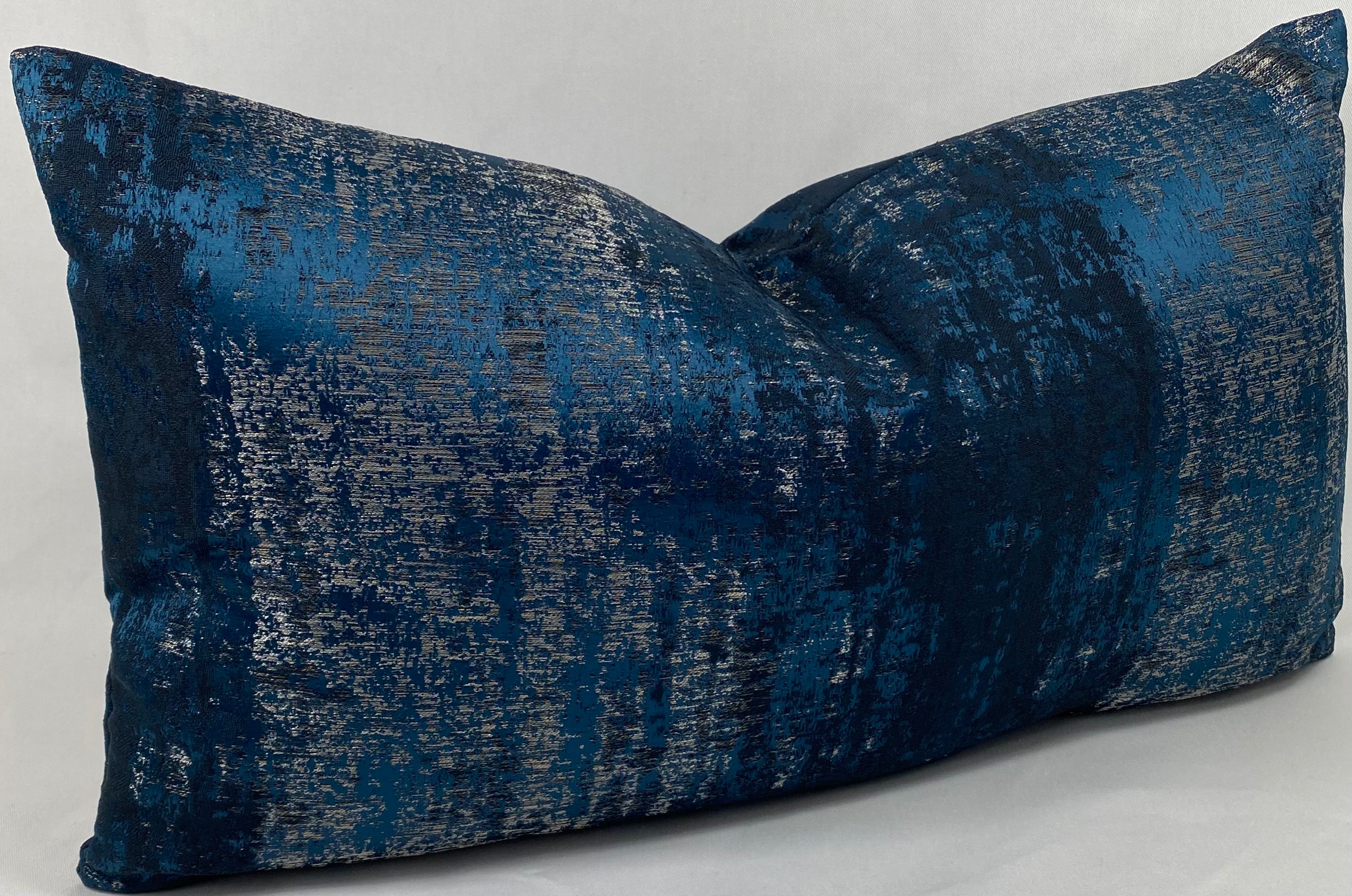 Luxury Lumbar Pillow - 24"x 14"- Aurora Midnight blue and silver scrubbed together for a weathered look.