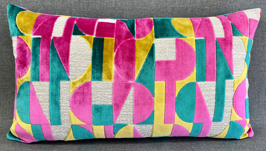 Luxury Lumbar Pillow 24" x 14" - Moonstruck-Confetti; Bright Turquoise, Fuchsia, Yellow and Cream in a geometric cut velvet pattern