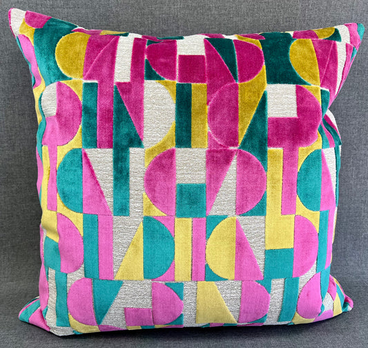 Luxury Pillow -  24" x 24" -  Moonstruck-Confetti; Bright Turquoise, Fuchsia, Yellow and Cream in a geometric cut velvet pattern