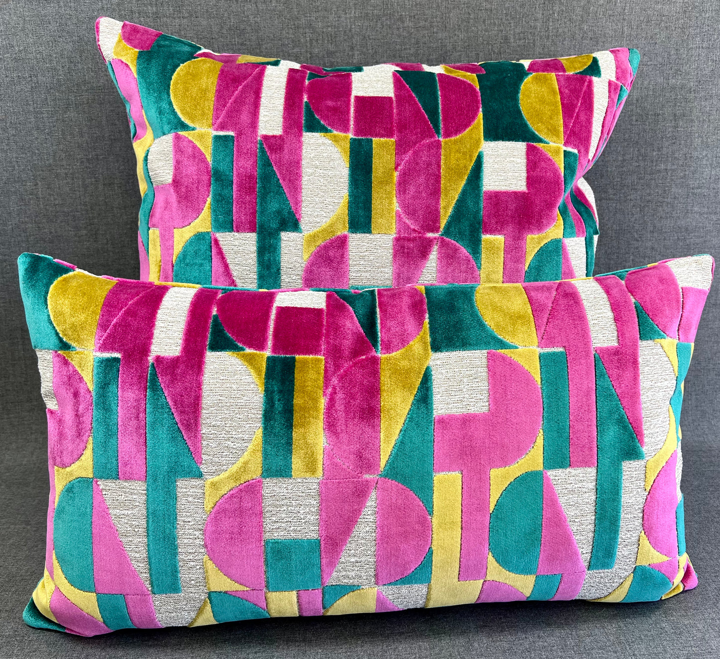 Luxury Pillow -  24" x 24" -  Moonstruck-Confetti; Bright Turquoise, Fuchsia, Yellow and Cream in a geometric cut velvet pattern