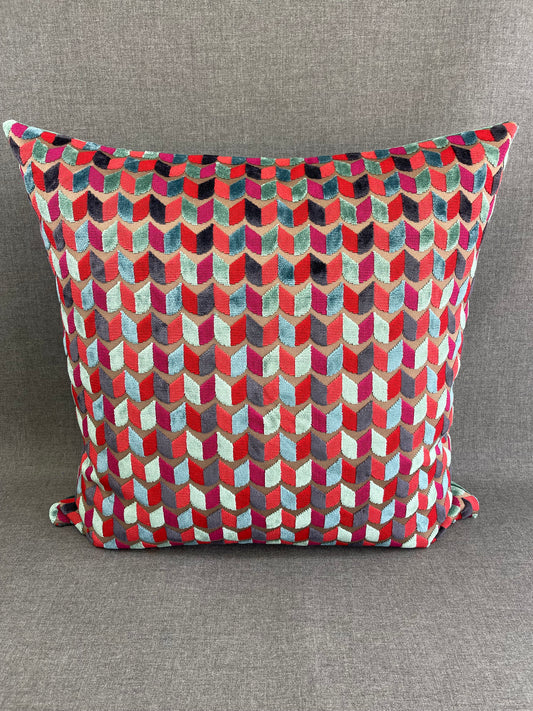Luxury Pillow -  24" x 24" -  Court Jester; Bright Jewel tones of, Green, Red and blue in a geometric cut velvet pattern