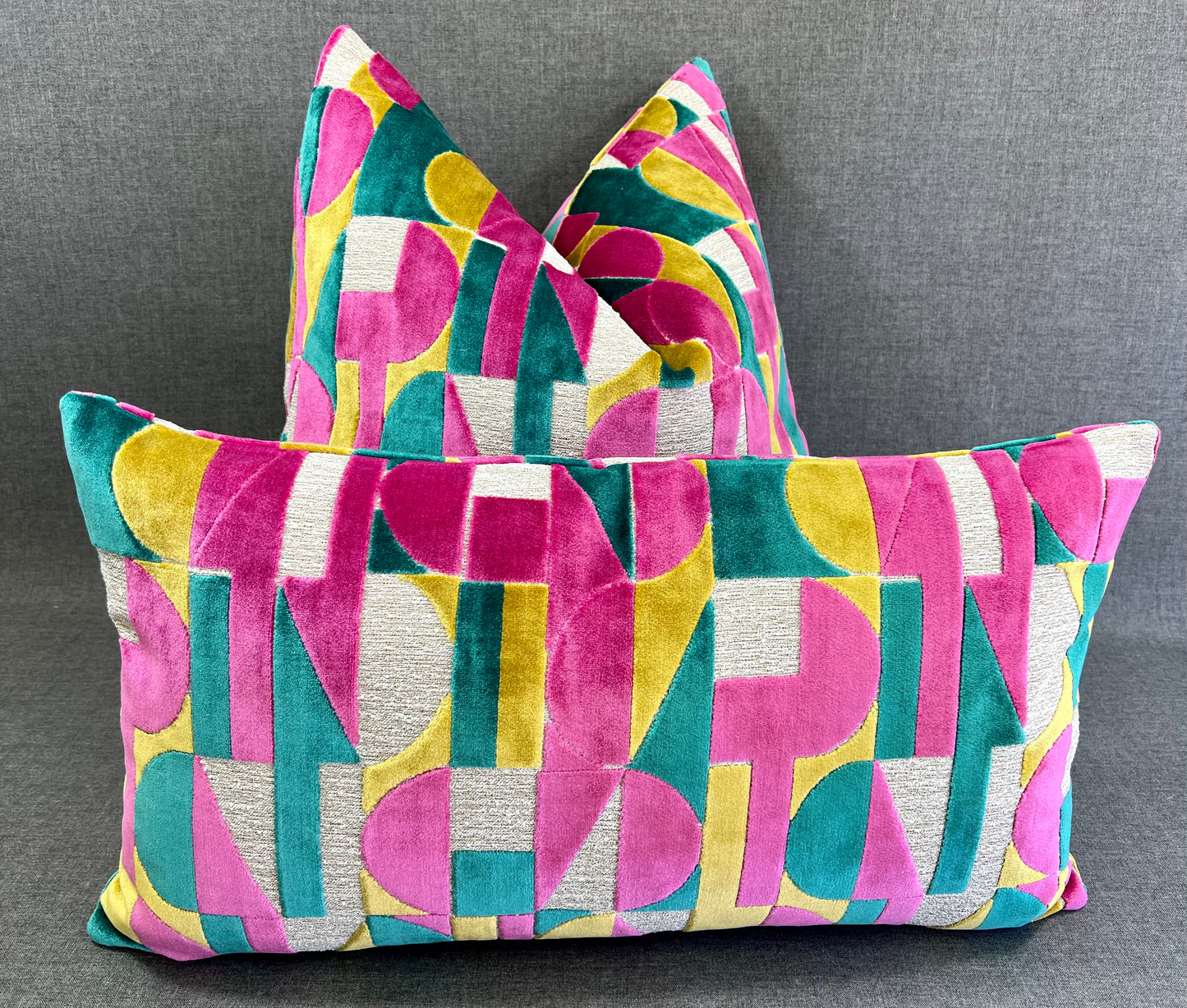 Luxury Pillow -  24" x 24" -  Moonstruck-Confetti; Bright Turquoise, Fuchsia, Yellow and Cream in a geometric cut velvet pattern