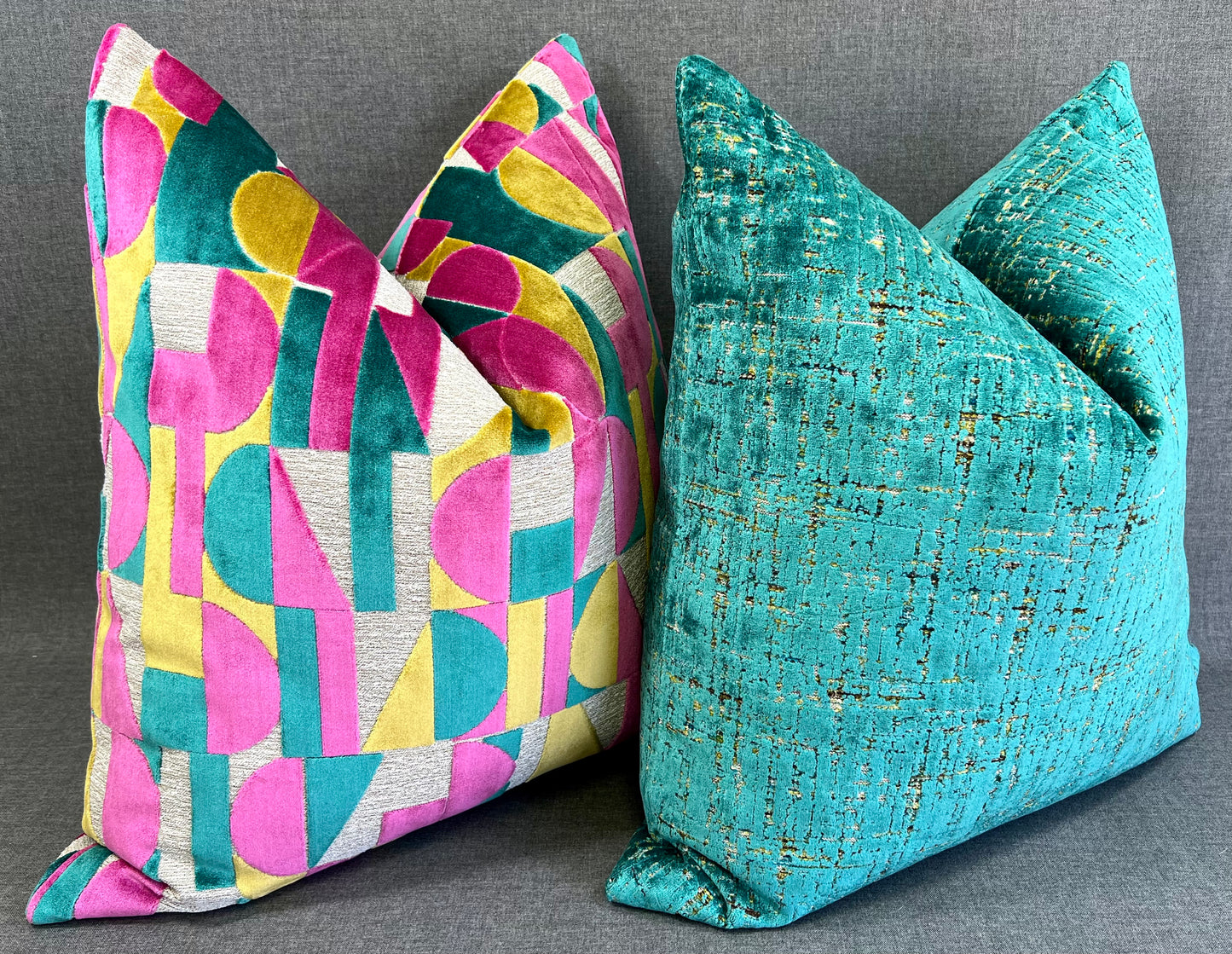 Luxury Pillow -  24" x 24" -  Moonstruck-Confetti; Bright Turquoise, Fuchsia, Yellow and Cream in a geometric cut velvet pattern