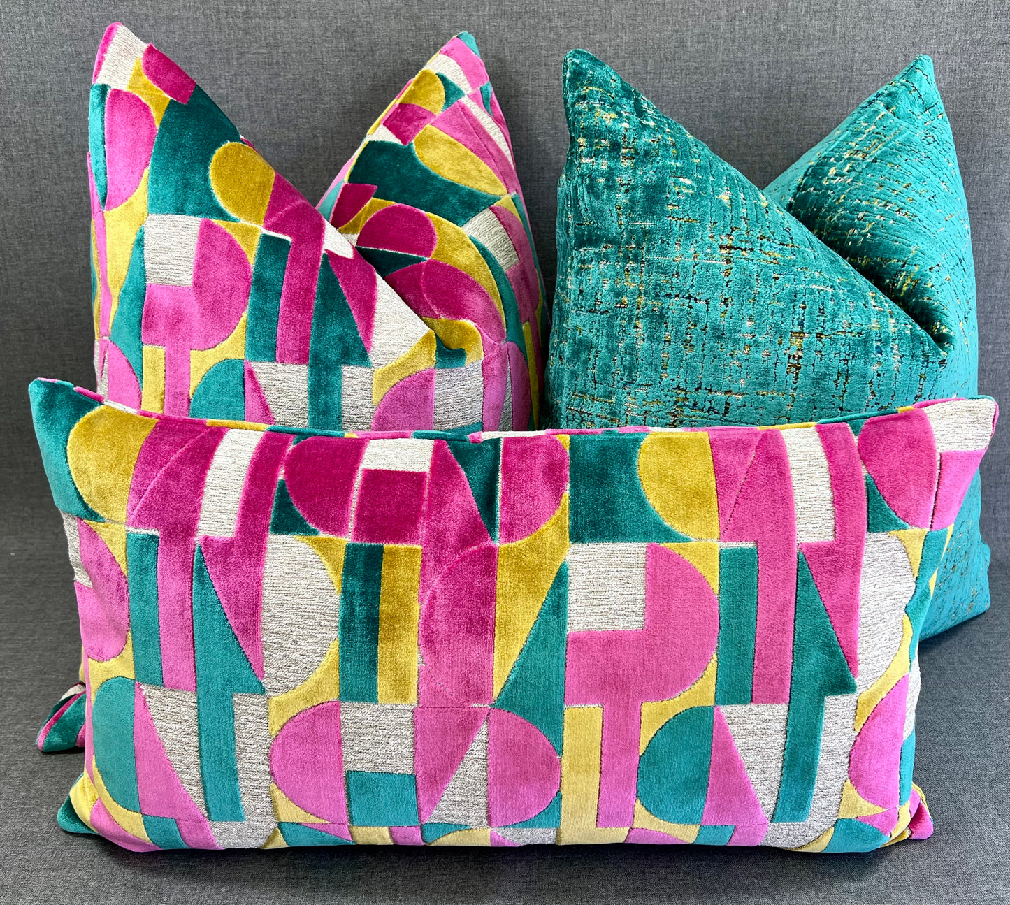 Luxury Pillow -  24" x 24" -  Moonstruck-Confetti; Bright Turquoise, Fuchsia, Yellow and Cream in a geometric cut velvet pattern