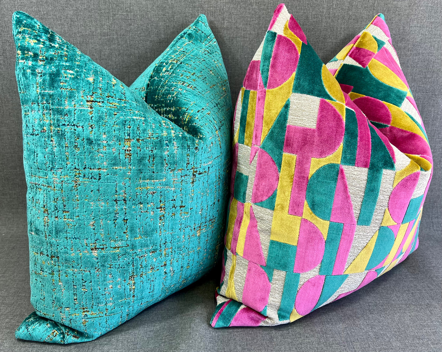 Luxury Pillow -  24" x 24" -  Moonstruck-Confetti; Bright Turquoise, Fuchsia, Yellow and Cream in a geometric cut velvet pattern