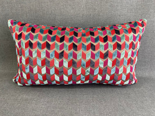 Luxury Lumbar Pillow 24" x 14" - Court Jester; Bright Green, Red, Blue in a geometric cut velvet pattern