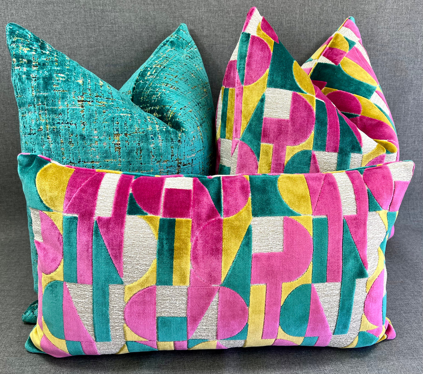 Luxury Pillow -  24" x 24" -  Moonstruck-Confetti; Bright Turquoise, Fuchsia, Yellow and Cream in a geometric cut velvet pattern