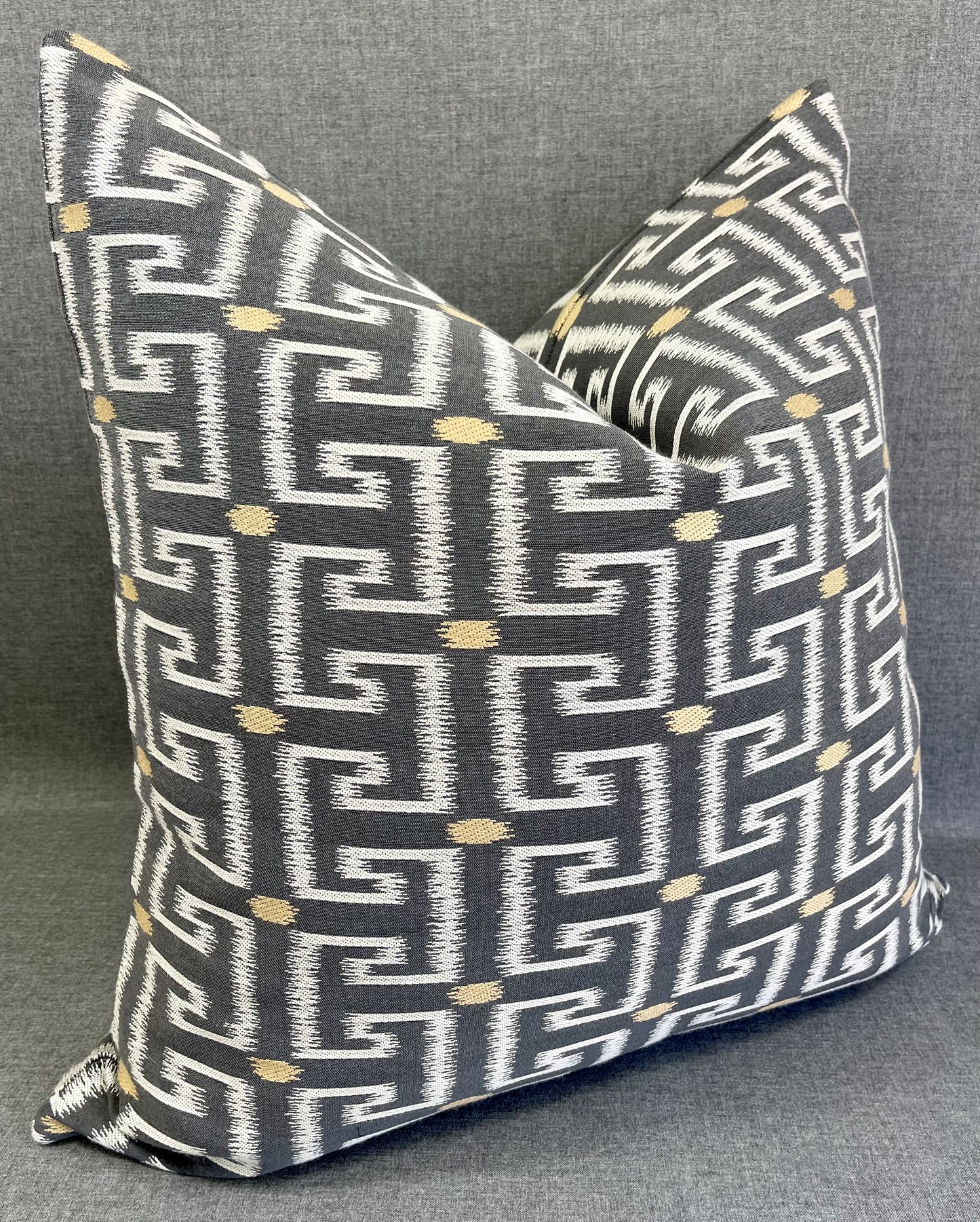 Luxury Pillow - 24" x 24" - Rachel Charcoal;  Beautifully embroidered in a white interlocking pattern with yellow dots on a charcoal background