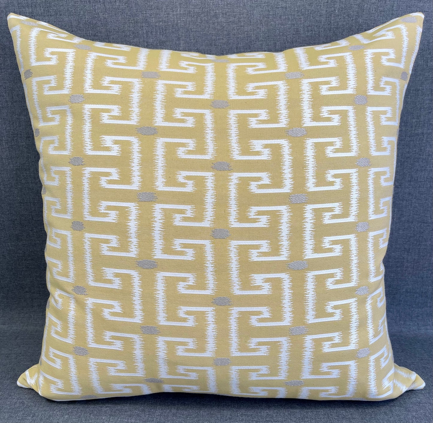 Luxury Pillow - 24" x 24" - Rachel Gold;  Beautifully embroidered in a golden yellow and white interlocking pattern with grey dots