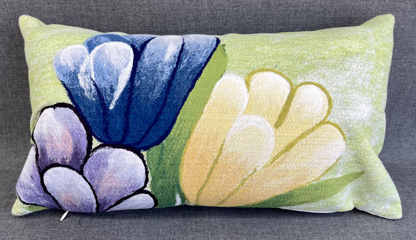 Luxury Outdoor Lumbar Pillow - 18" x 10"- Garden Party; 3 Large Flowers of Blue, Yellow and Purple on a soft green background