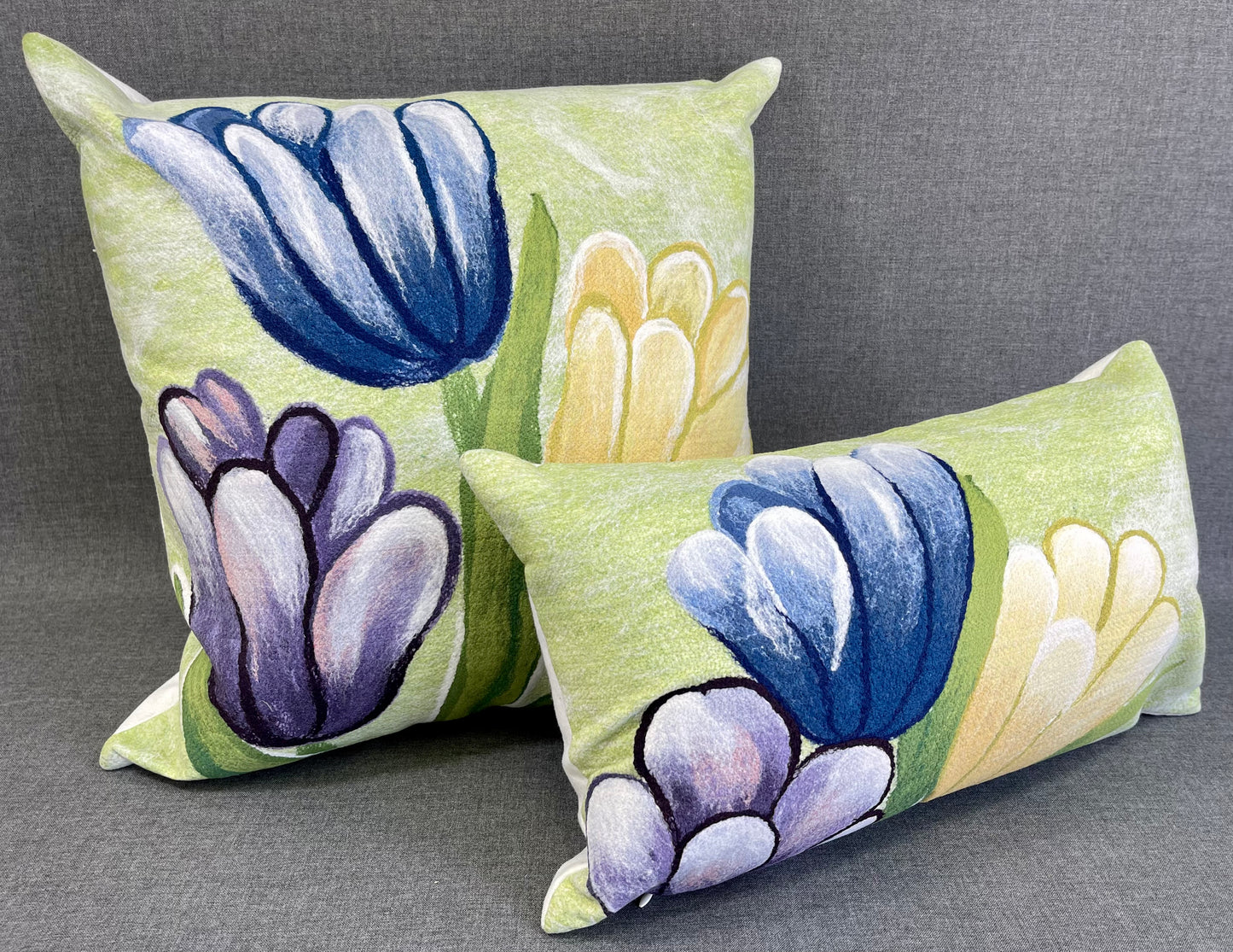 Outdoor Pillow - 18" x 18" - Garden Party; 3 Large Flowers of Blue, Yellow and Purple on a soft green background