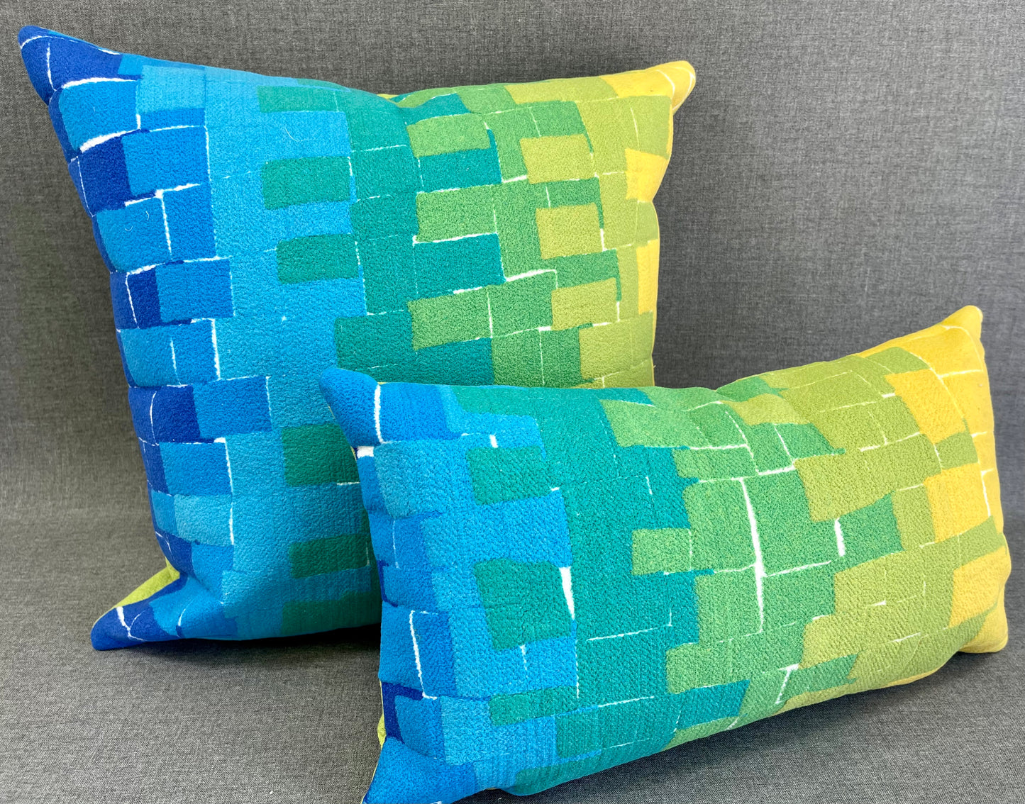 Luxury Outdoor Pillow - 18" x 18" - Building Blocks: A fun and modern pattern of Blue, Turquoise, Green and Yellow Blocks