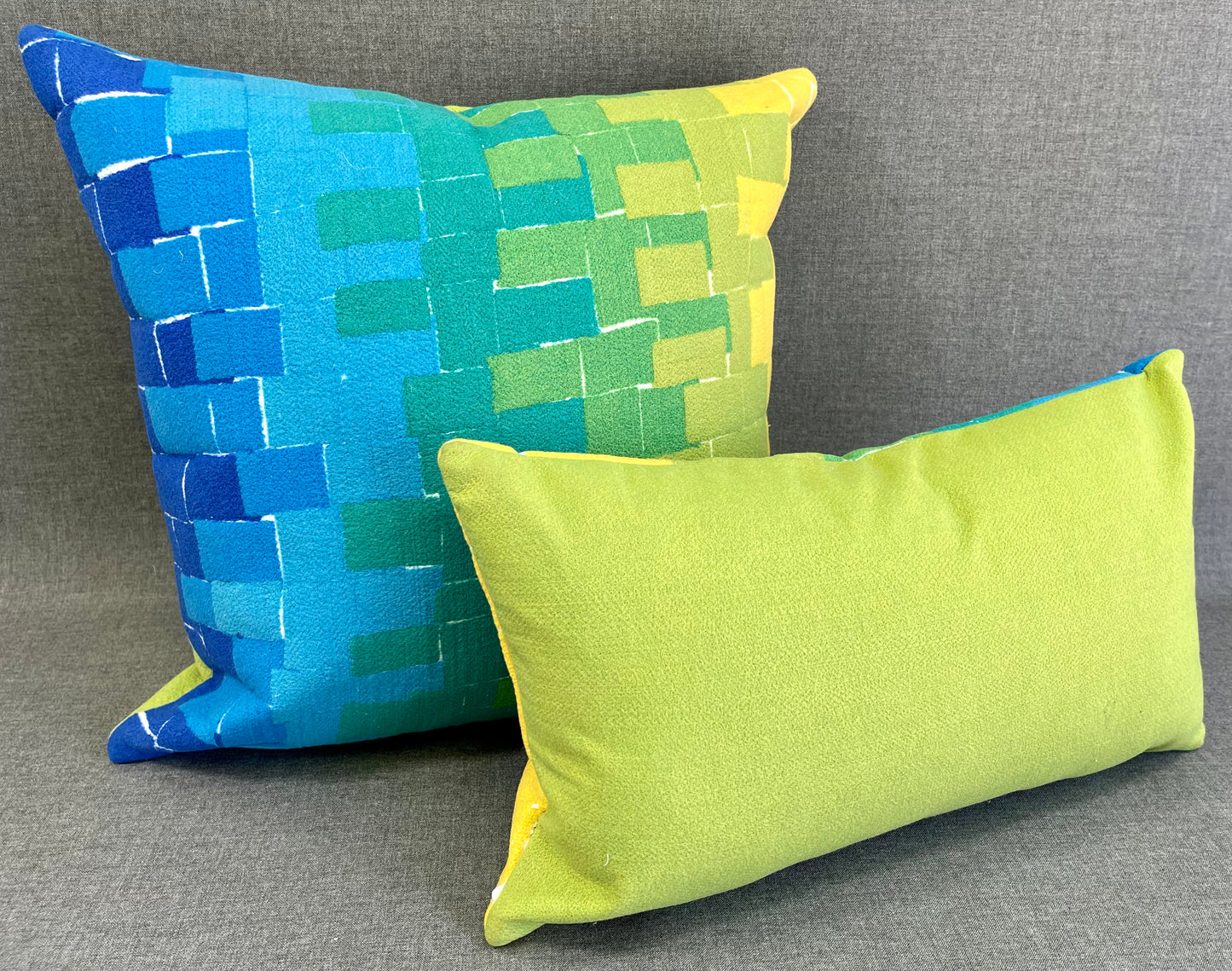 Luxury Outdoor Pillow - 18" x 18" - Building Blocks: A fun and modern pattern of Blue, Turquoise, Green and Yellow Blocks