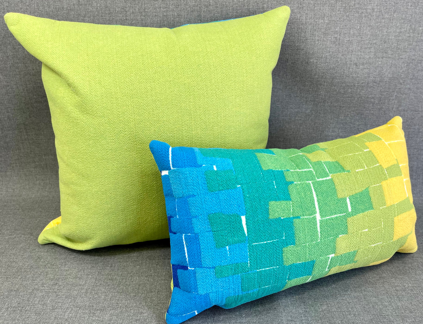 Luxury Outdoor Pillow - 18" x 18" - Building Blocks: A fun and modern pattern of Blue, Turquoise, Green and Yellow Blocks