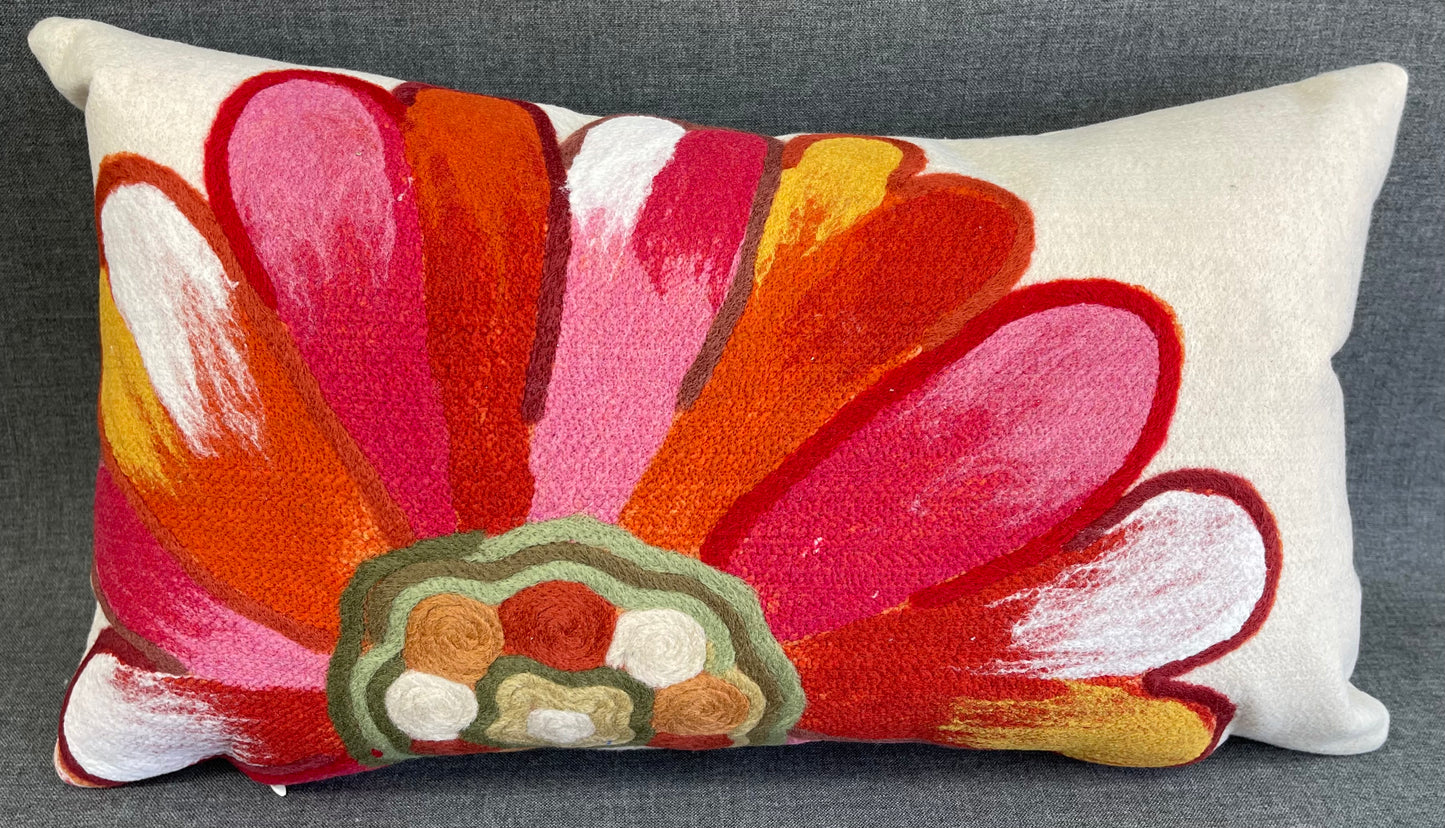 Luxury Outdoor Lumbar Pillow - 18" x 10" - Flower Power; Large flower with Red, Pink and Orange Petals with White and Yellow accents